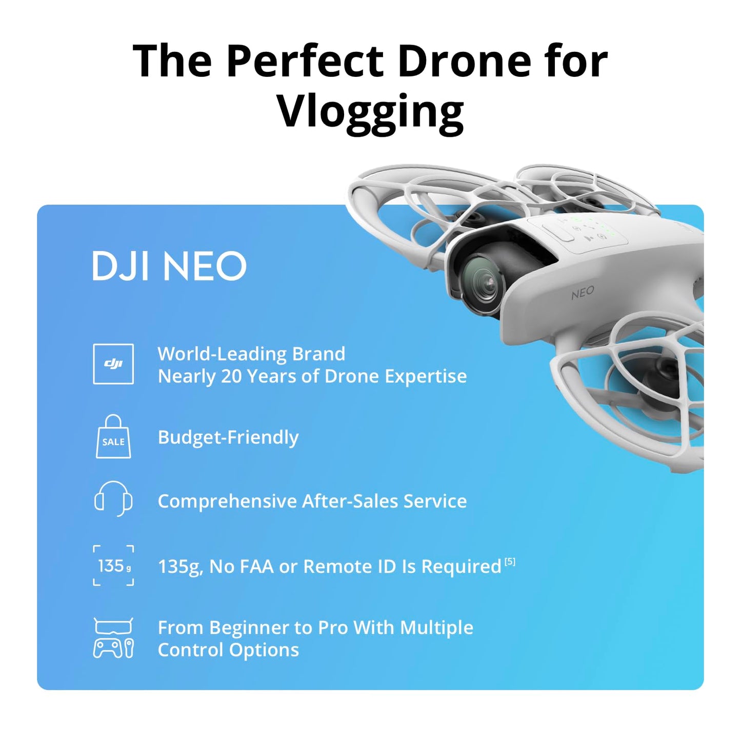 DJI Neo, Mini Drone with 4K UHD Camera for Adults, 135g Self Flying Drone that Follows You, Palm Takeoff, AI Subject Tracking, QuickShots, Stabilized Video, Built-In Propeller Guard (Controller-Free)