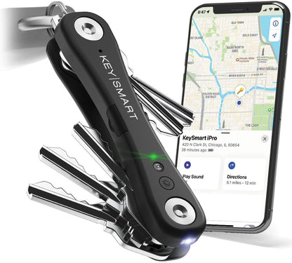 KeySmart Pro - Compact Smart Trackable Key Holder w LED Flashlight & Tile Bluetooth Key Finder Technology, EDC Key Organizer, Attach Car Key Fob, Other Mini Tools (up to 10 Keys, Black)