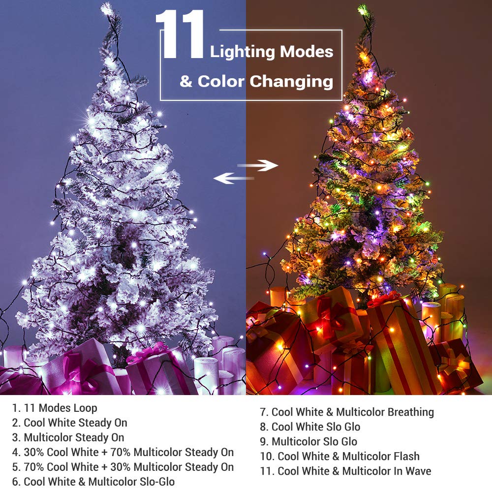 Brizled Color Changing Christmas Lights, 65.67ft 200 LED Cool White & Multicolor Christmas Lights, 11 Modes Remote Dimmable 29V Safe Adapter Outdoor Christmas Tree Lights String for Xmas Party Tree