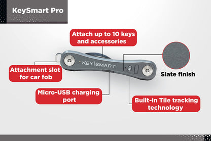 KeySmart Pro - Compact Smart Trackable Key Holder w LED Flashlight & Tile Bluetooth Key Finder Technology, EDC Key Organizer, Attach Car Key Fob, Other Mini Tools (up to 10 Keys, Black)