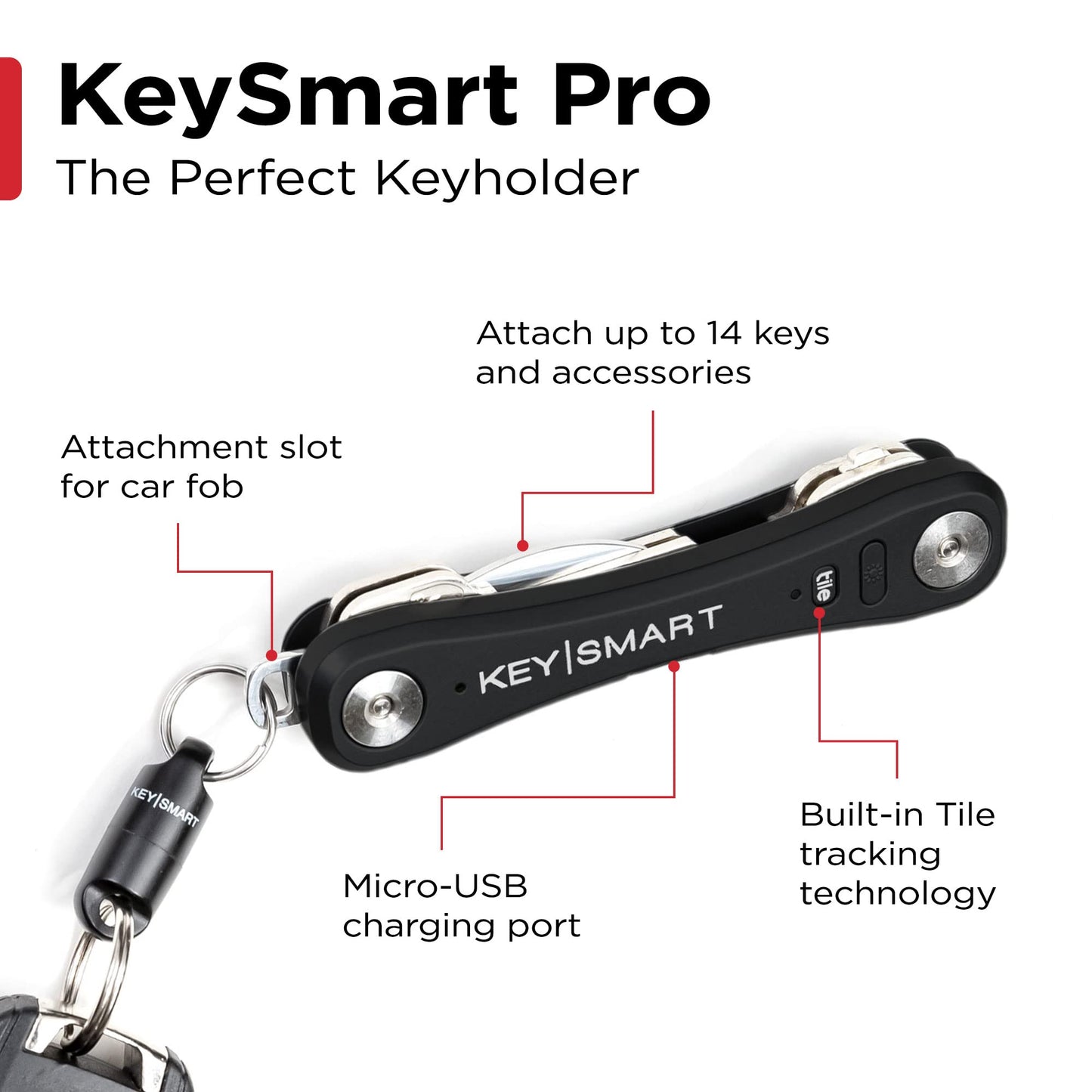 KeySmart Pro - Compact Smart Trackable Key Holder w LED Flashlight & Tile Bluetooth Key Finder Technology, EDC Key Organizer, Attach Car Key Fob, Other Mini Tools (up to 10 Keys, Black)