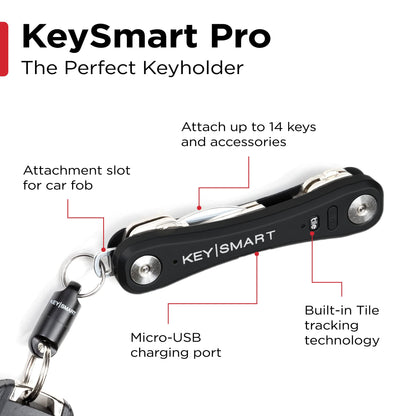 KeySmart Pro - Compact Smart Trackable Key Holder w LED Flashlight & Tile Bluetooth Key Finder Technology, EDC Key Organizer, Attach Car Key Fob, Other Mini Tools (up to 10 Keys, Black)