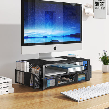 Simple Trending 2 Tier Metal Monitor Stand Monitor riser and Computer Desk Organizer with Drawer and Pen Holder for Laptop, Computer, iMac, Black