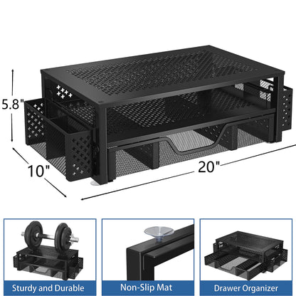 Simple Trending 2 Tier Metal Monitor Stand Monitor riser and Computer Desk Organizer with Drawer and Pen Holder for Laptop, Computer, iMac, Black