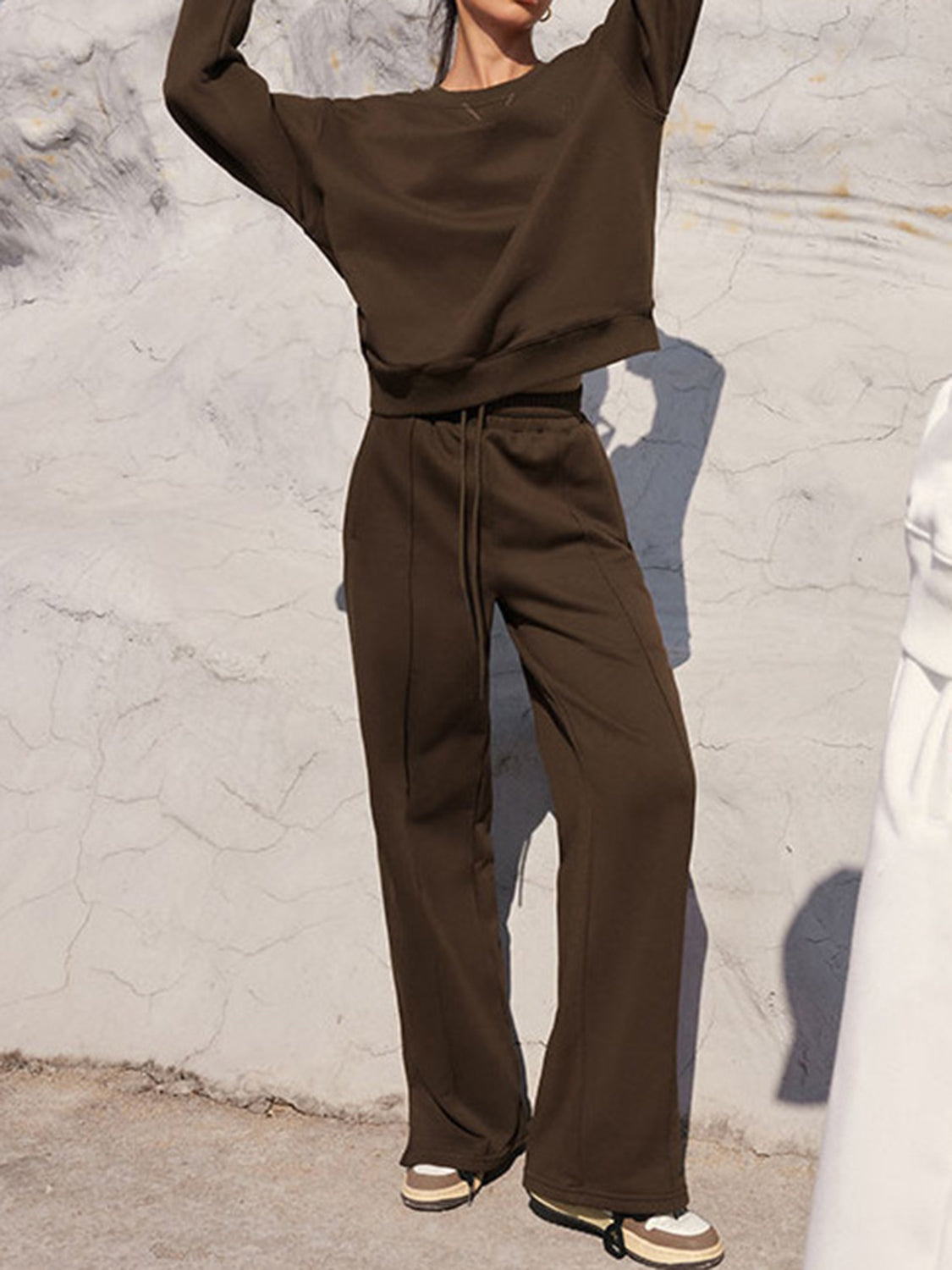 Round Neck Long Sleeve Top and Elastic Waist Pants Set